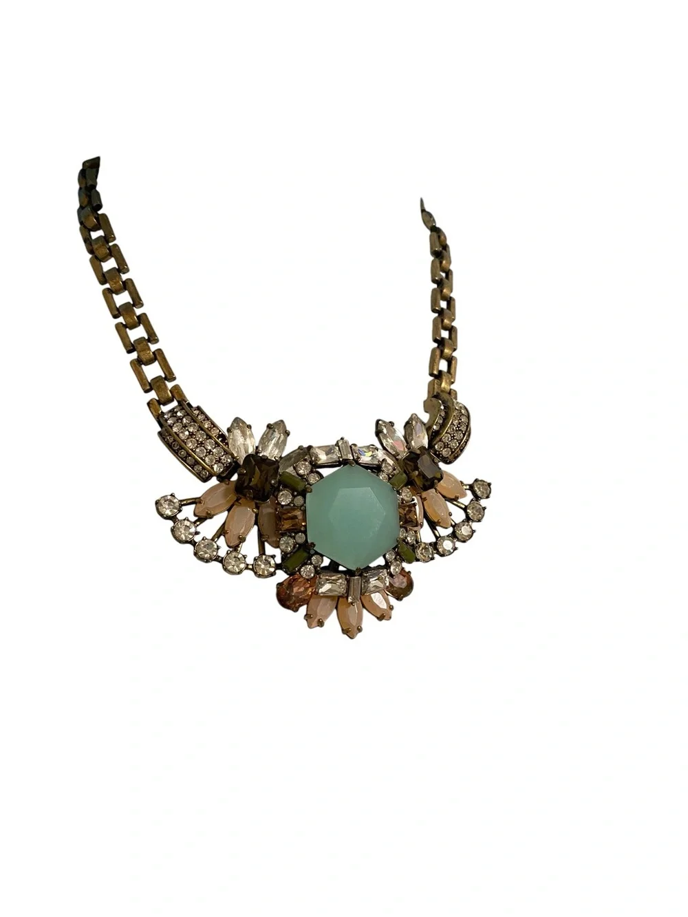 J. CREW Antiqued Gold Chain Floral Crystal Rhinestone Light Blue Necklace
